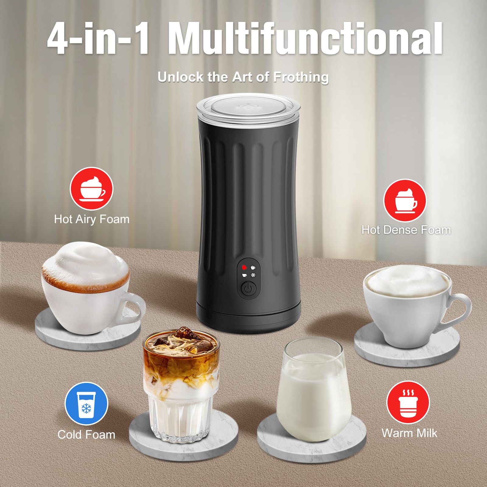 Electric Milk Frother 4-in-1 - 8.1oz/240ml Automatic Milk Steamer & Frother for Warm & Cold Foam - Perfect for Latte, Cappuccino, Macchiato - Ideal for Home Coffee Bars, Office Use & Gift Giving (Black, Model SS-001)