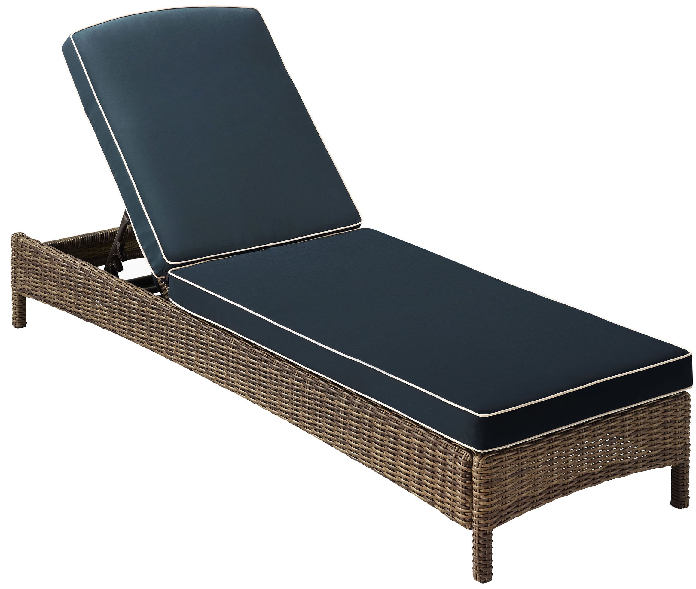 Crosley Bradenton Reclining Wicker Outdoor Chaise Lounge Chair - Brown with Navy Cushions for Patio, Deck, Backyard, Poolside Relaxation | Weather-Resistant Wicker Furniture for Outdoor Lounging & Sunbathing