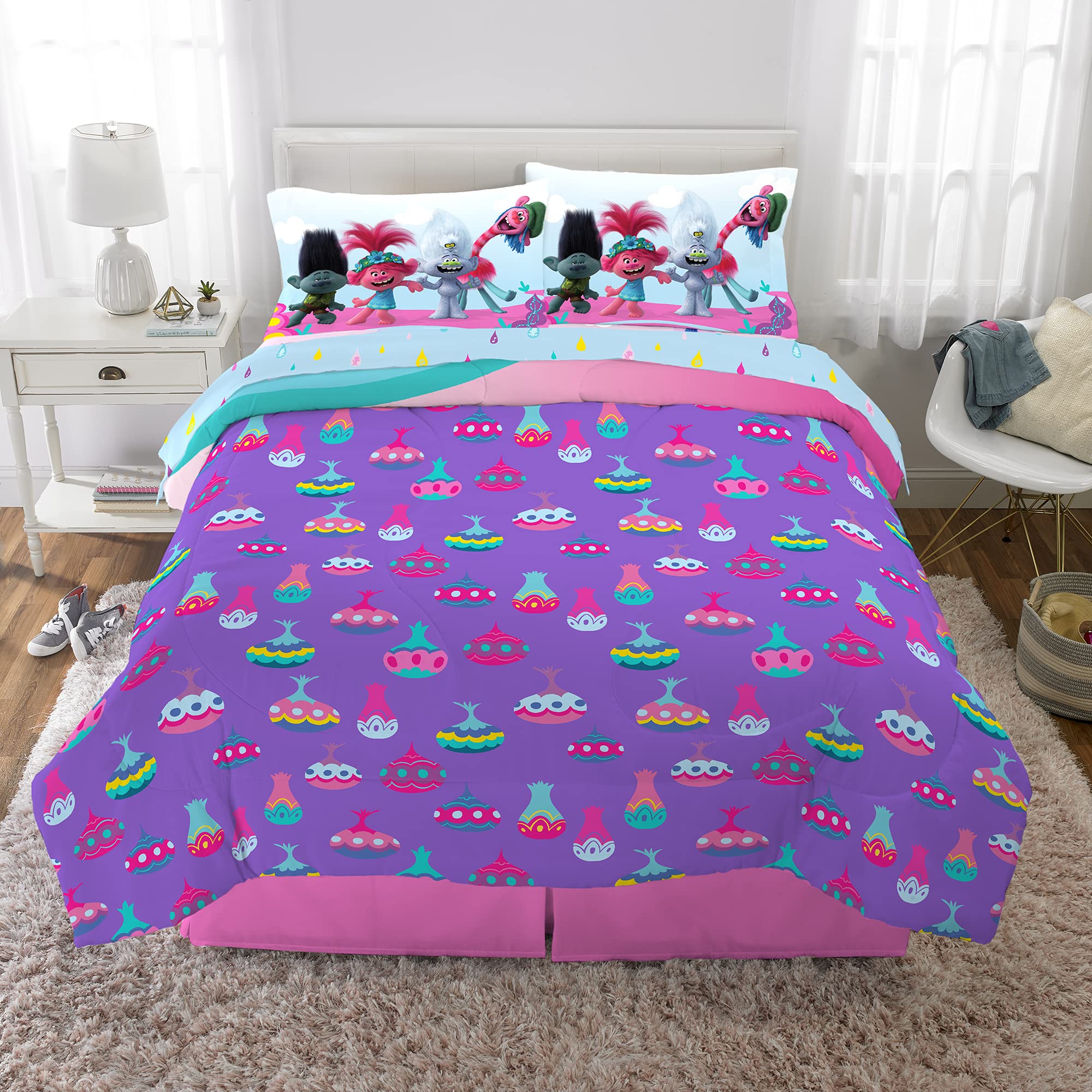 Franco Kids Bedding Set - Super Soft Microfiber Comforter & 5-Piece Sheet Set, Full Size, Trolls World Tour Theme | Perfect for Kids' Rooms, Sleepovers & Themed Bedrooms