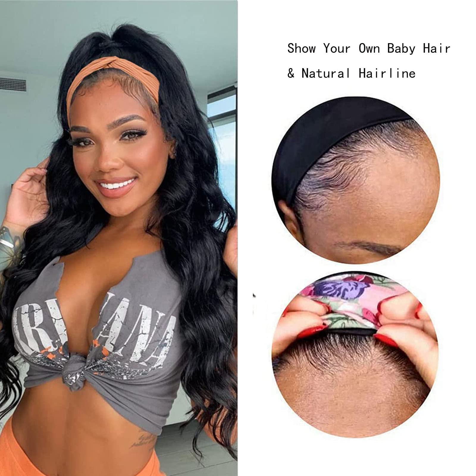 26 Inch Long Black Curly Synthetic Headband Wig for Women - 180% Density Glueless Half Wig with Body Wave - Perfect for Daily Wear, Cosplay & Protective Styling