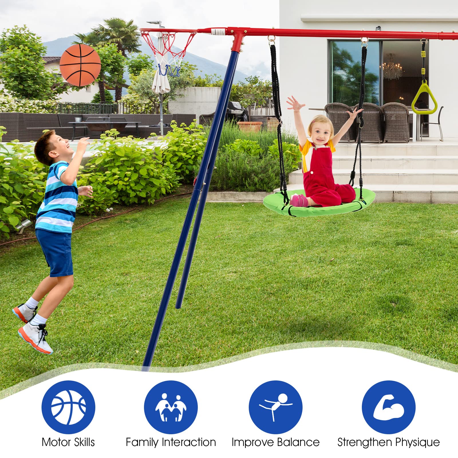 OLAKIDS 7-in-1 Heavy Duty Metal Swing Set for Backyard - 660LBS Capacity A-Frame Playset with Monkey Bars, Slide, 2 Swings, Glider, Trapeze Rings & Basketball Hoop | Outdoor Playground Equipment for Kids | Perfect for Backyard Fun, Birthday Gifts & Family Bonding Activities