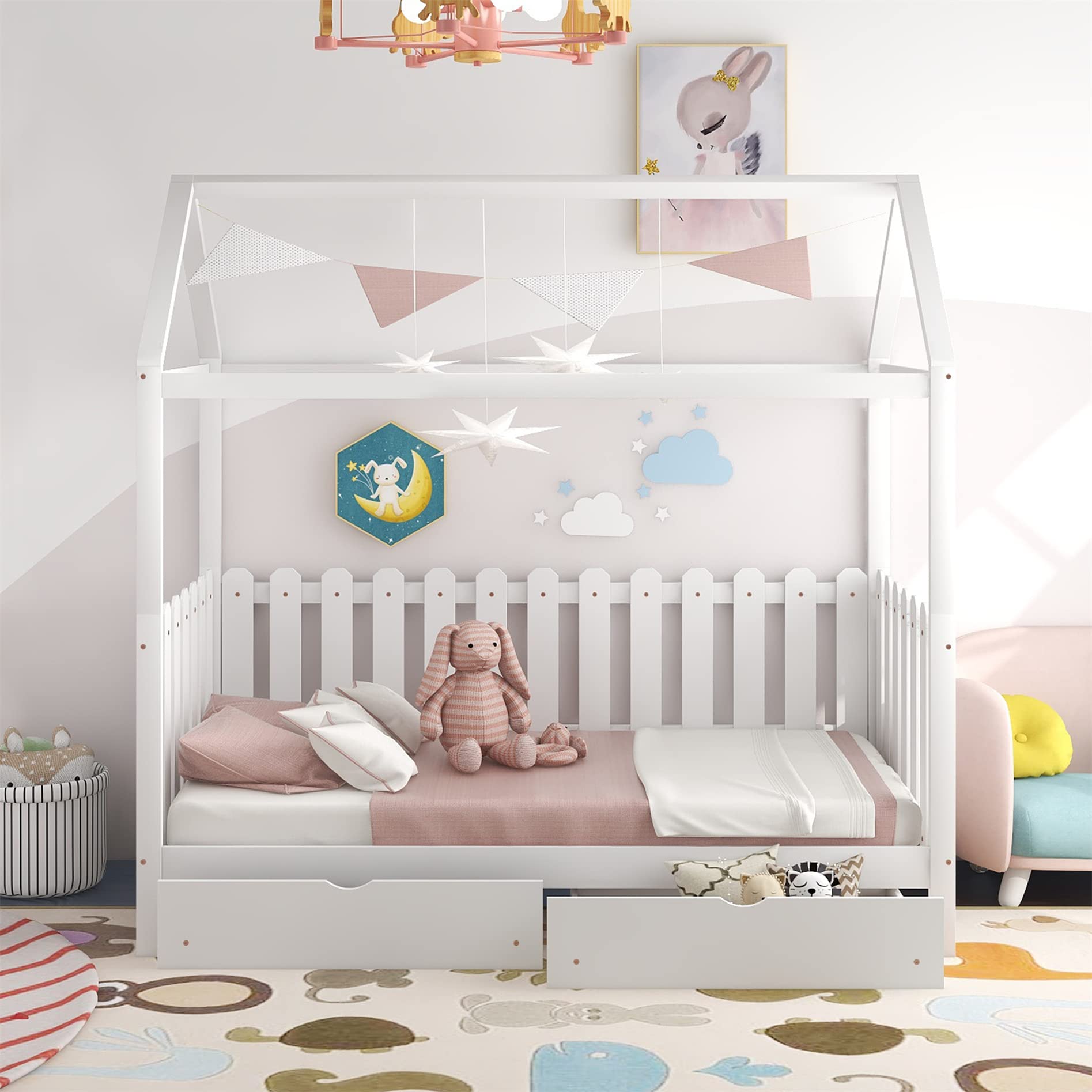 White Wooden Twin House Bed with Storage Drawers & Fence-Shaped Guardrail - Kids Daybed for Bedroom, Playroom & Sleepovers - Space-Saving Design with Roof