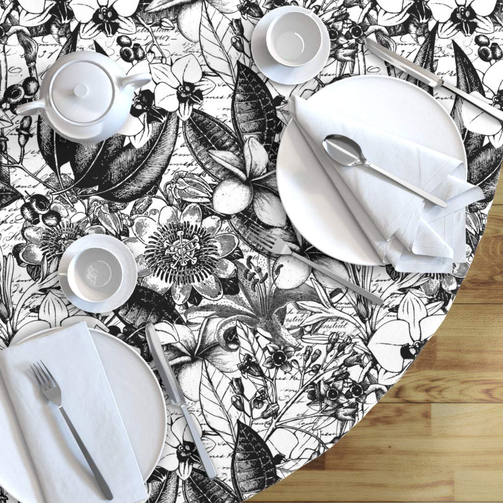 Vintage Floral Black White Cotton Sateen Tablecloth 70