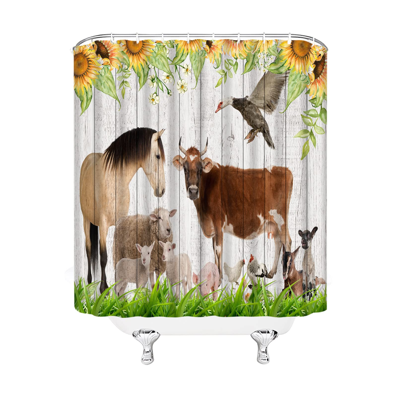 Farm Animal Shower Curtain Set - Sunflower, Cow, Horse, Sheep & Duck Design on Green Grass & Wooden Planks Farmhouse Background - 70x70 Inch Bathroom Hanging Cloth with Hooks - Perfect for Farmhouse, Country, or Rustic Bathroom Decor