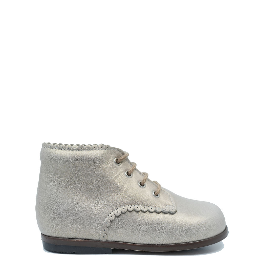 Beberlis Champagne Scalloped Baby Shoes - Soft Leather First Walkers for Newborns & Infants - Perfect for Special Occasions, Christenings & Photo Shoots