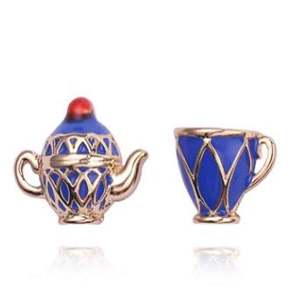 Timesuper Enamel Stacked Tea Cup & Teapot Pendant Necklace - Long Chain Statement Jewelry with Matching Stud Earrings - Blue Vintage Tea-Themed Jewelry Set for Women - Perfect for Tea Lovers, Sweater Season & Boho Fashion