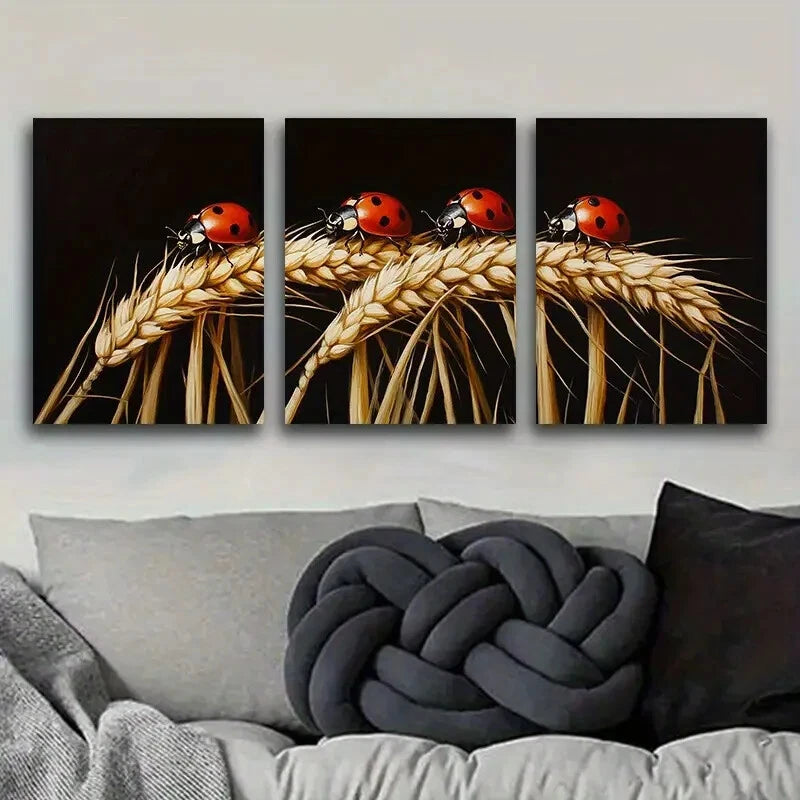 3pcs Ladybug on Wheat Metal Wall Art - Ready to Hang Home Decor for Living Room, Bedroom & Office