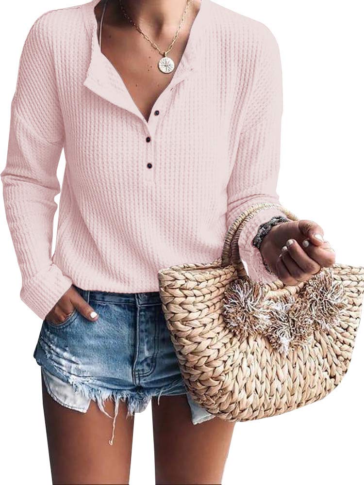 Women's V-Neck Henley Long Sleeve Shirt - Soft Waffle Knit Button Down Top for Casual Wear & Layering | Perfect for Fall, Winter & Outdoor Activities