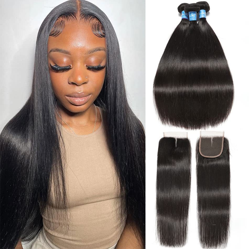 10A Unprocessed Brazilian Virgin Hair Bundles - 3 Bundles with Middle Part Lace Closure (18