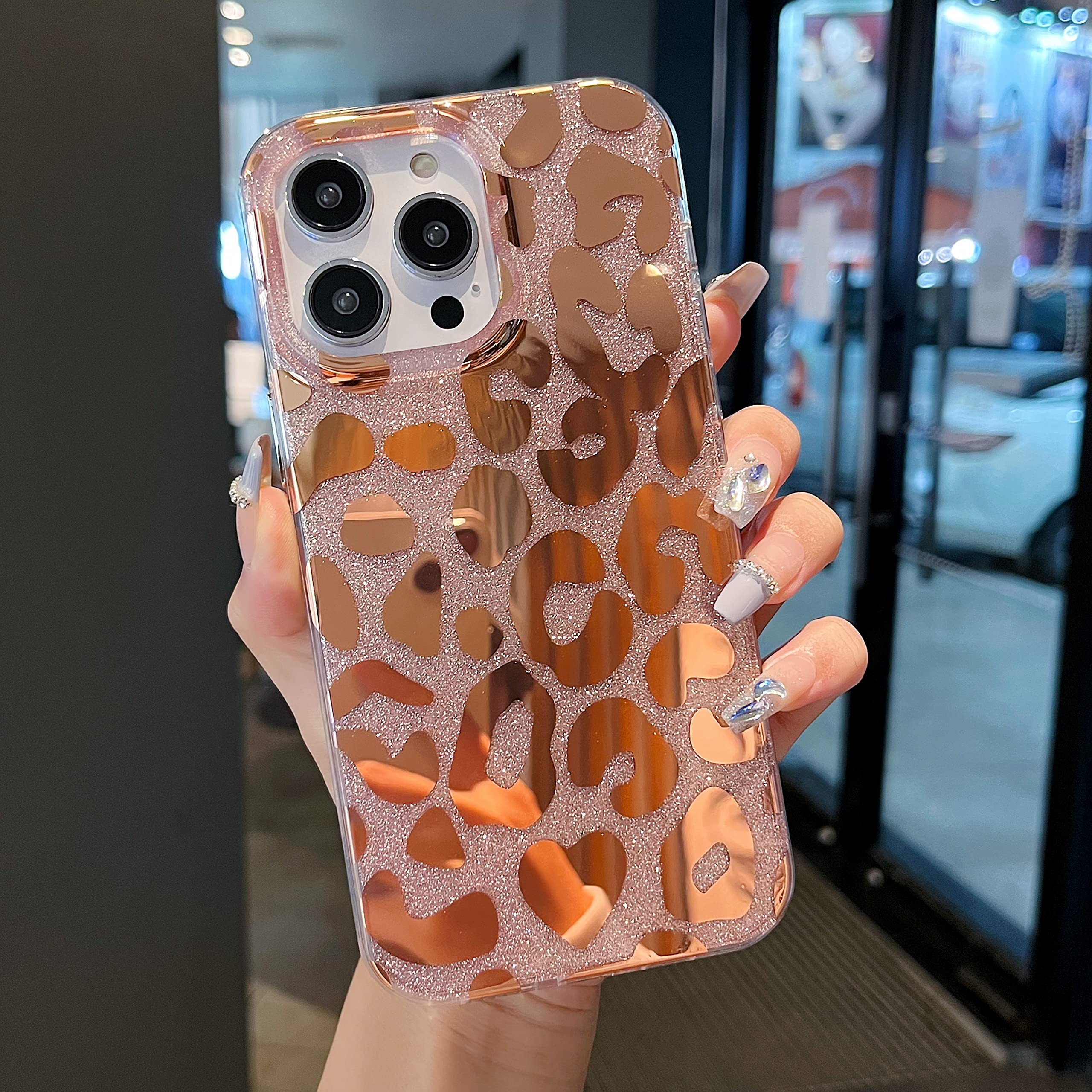 Jmltech iPhone 13 Pro Max Case 6.7 Inch - Clear Slim Glitter Leopard Floral Hybrid Design with Shockproof Drop Protection | Hard Back & Silicone Bumper | Perfect for Everyday Use, Travel & Outdoor Activities (Clear Gold)
