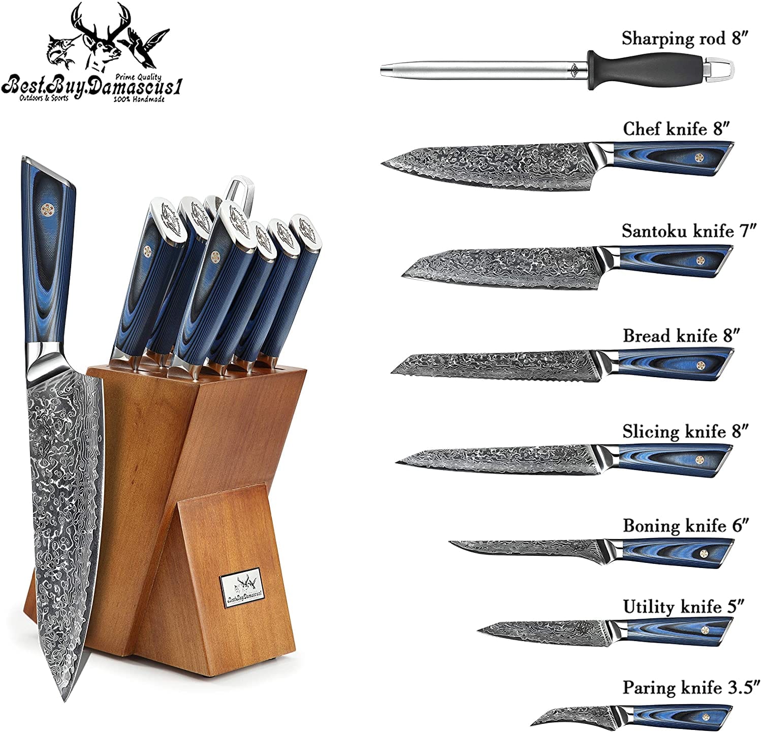 Premium 9-Piece Japanese AUS 10 Damascus Steel Knife Set with Blue G10 Handle - Professional Chef Knives for Kitchen, Sushi, Meat Cutting & Food Preparation