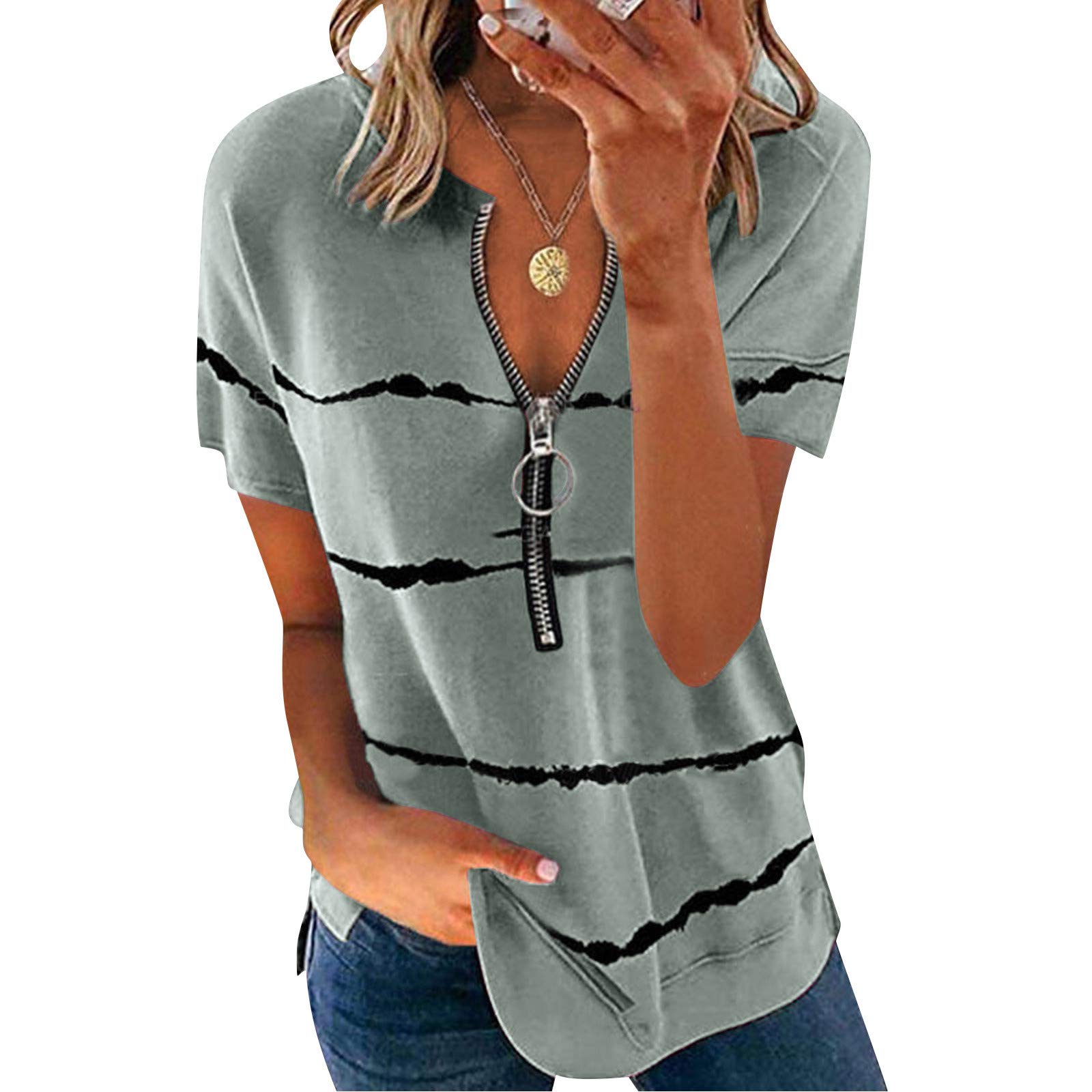 Women's Summer Short Sleeve V-Neck Waffle Knit Tunic Blouse with Zipper & Cold Shoulder - Casual T-Shirt for Women - Perfect for Beach Outings, Date Nights & Summer Vacations