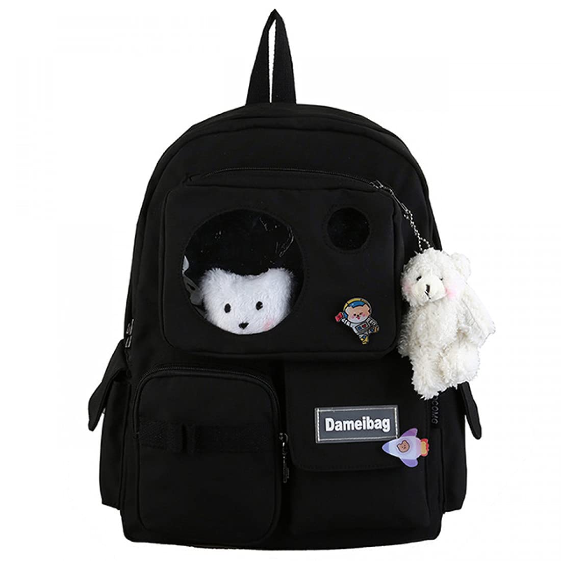 Cute Floral Backpack for Women & Girls - Kawaii School Bag with Pins & Accessories for College, Travel, Work (Pink/Black) | Stylish Laptop Notebook Carrier for Students & Daily Commute