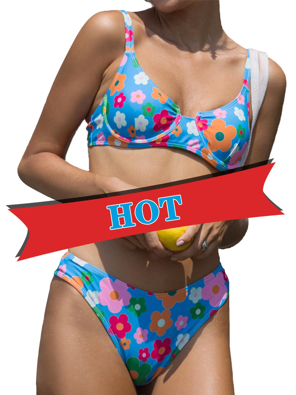 BIKINX Sexy High Cut Blue Floral Bikini Set - Women's Underwire Push Up 2 Piece Bathing Suit | Perfect for Beach Vacations, Pool Parties & Summer Getaways