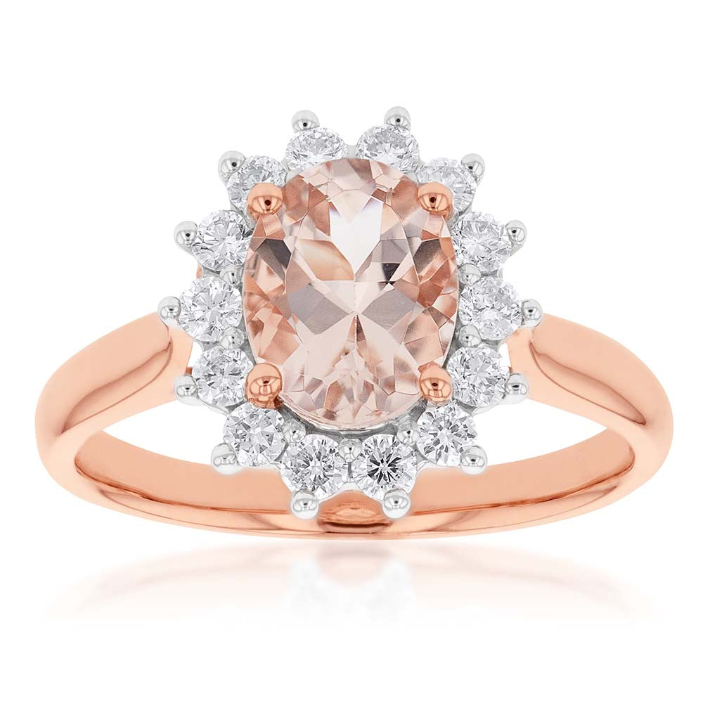 9ct Rose Gold 1.50ct Morganite & 0.50ct Diamond Halo Engagement Ring - Perfect for Proposals, Anniversaries & Special Occasions
