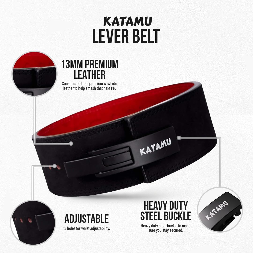 Katamu Premium Leather Lever Weight Lifting Belt for Powerlifting & Gym Workouts - Adjustable Support for Deadlifts, Squats & Strength Training | Ideal for CrossFit, Bodybuilding & Weightlifting