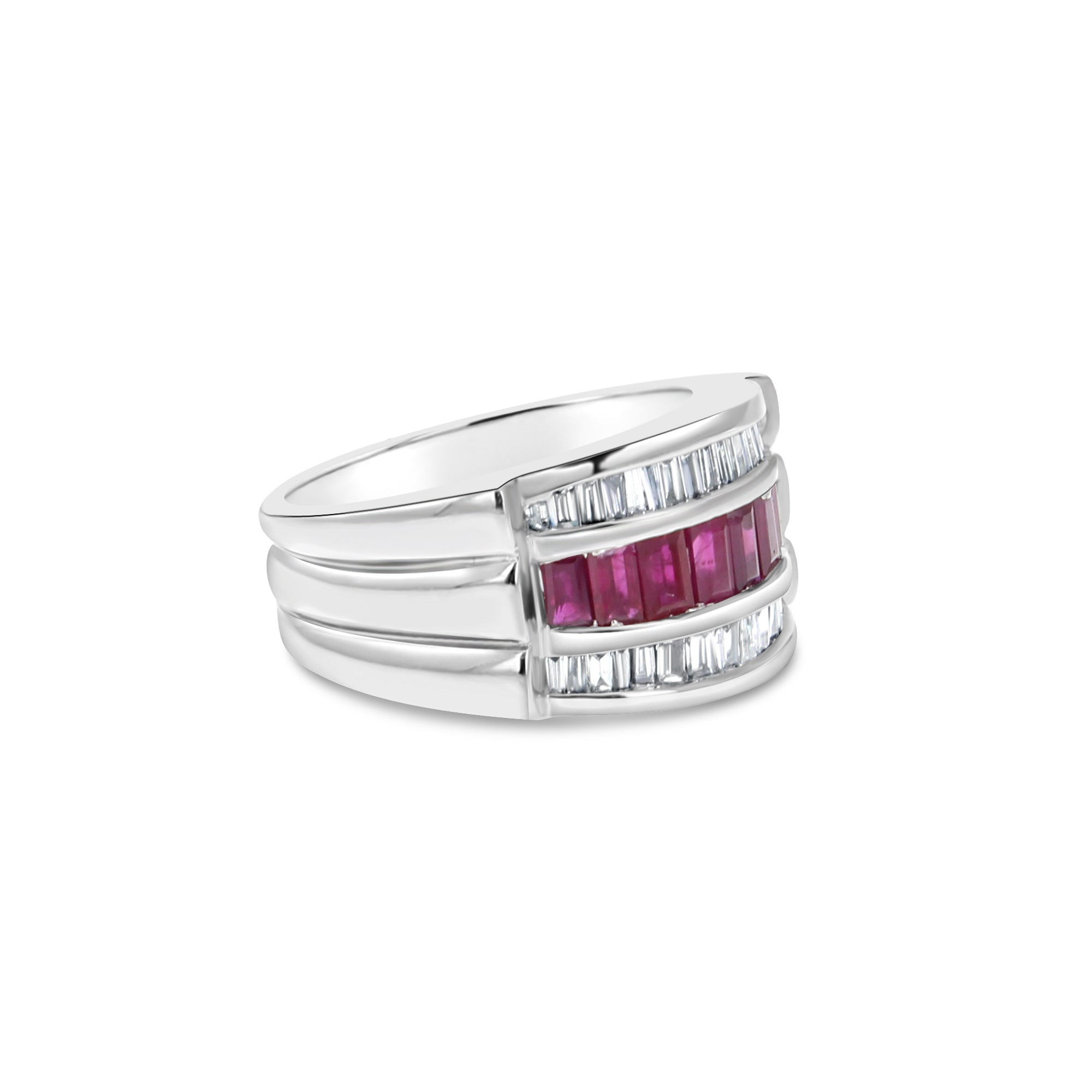 2.00cttw Ruby & Diamond Baguette Cocktail Ring in 14k White Gold - Elegant Jewelry for Evening Parties, Weddings & Special Occasions