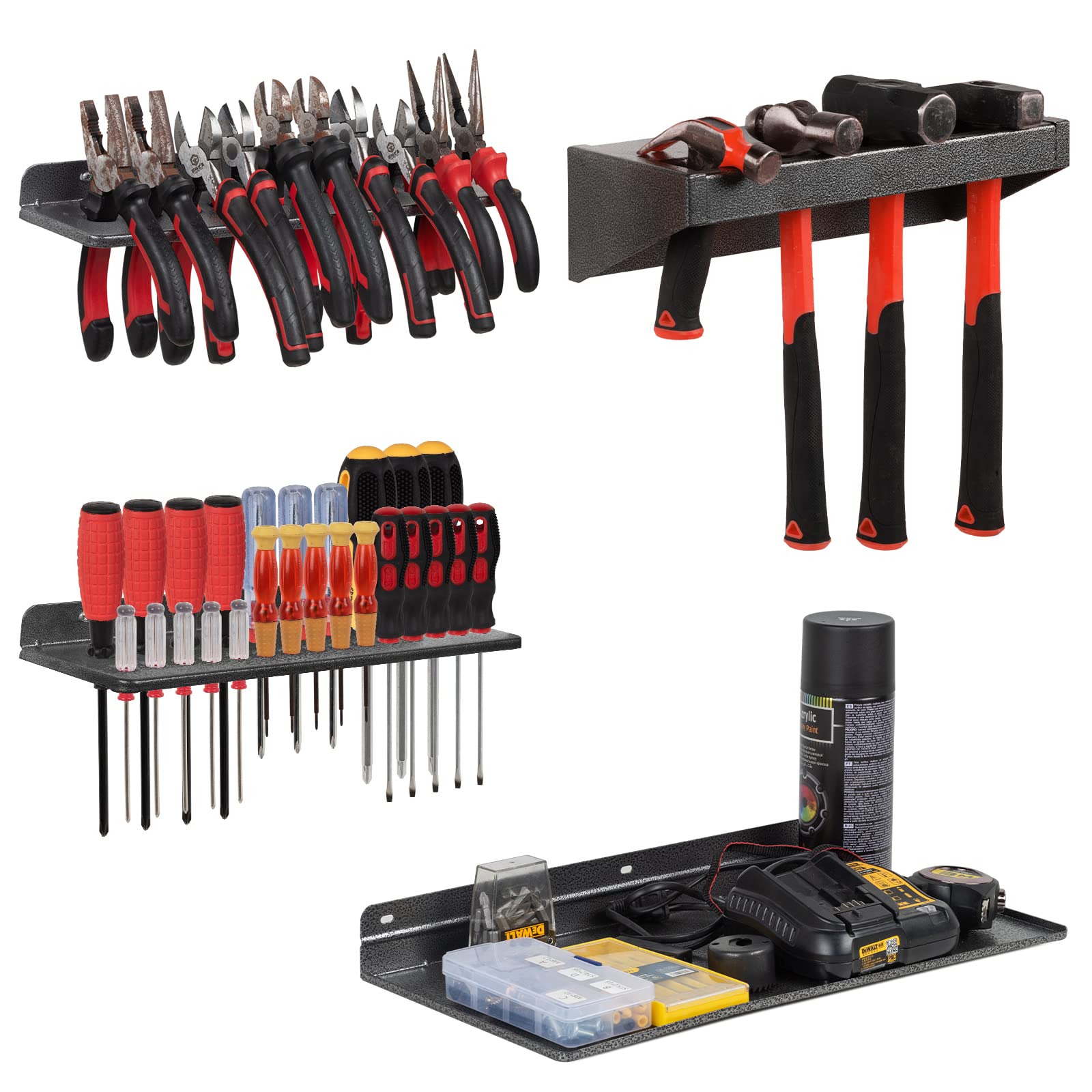 AHOWPD 4-Pack Metal Screwdriver & Plier Organizer Wall Mount - Heavy Duty Hammer Rack, Hand Tool Storage Holder for Garage, Workshop & Workbench | Space-Saving Workshop Organization & Tool Wall Storage Solution