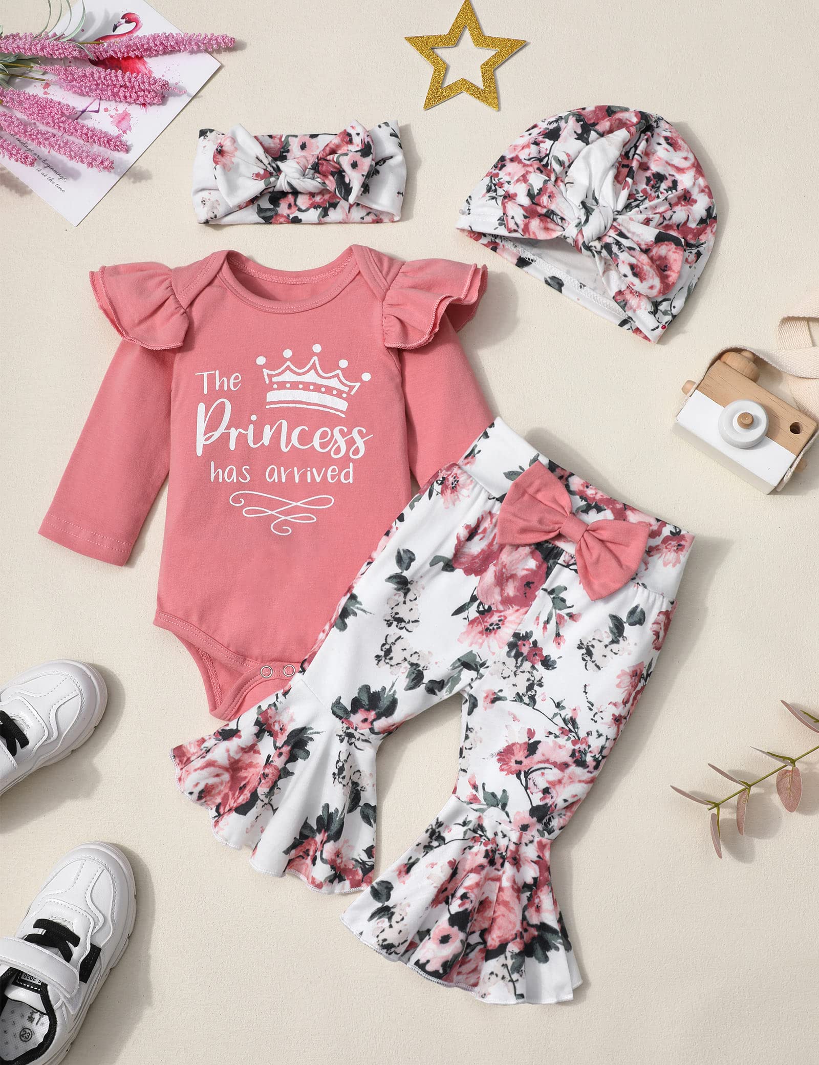**4-Piece Baby Girl Outfits Set - Ruffle Romper, Bell Bottoms, Headband & Bandana | Newborn Infant Clothes | Perfect Gift Set for Baby Showers & Photo Shoots**
