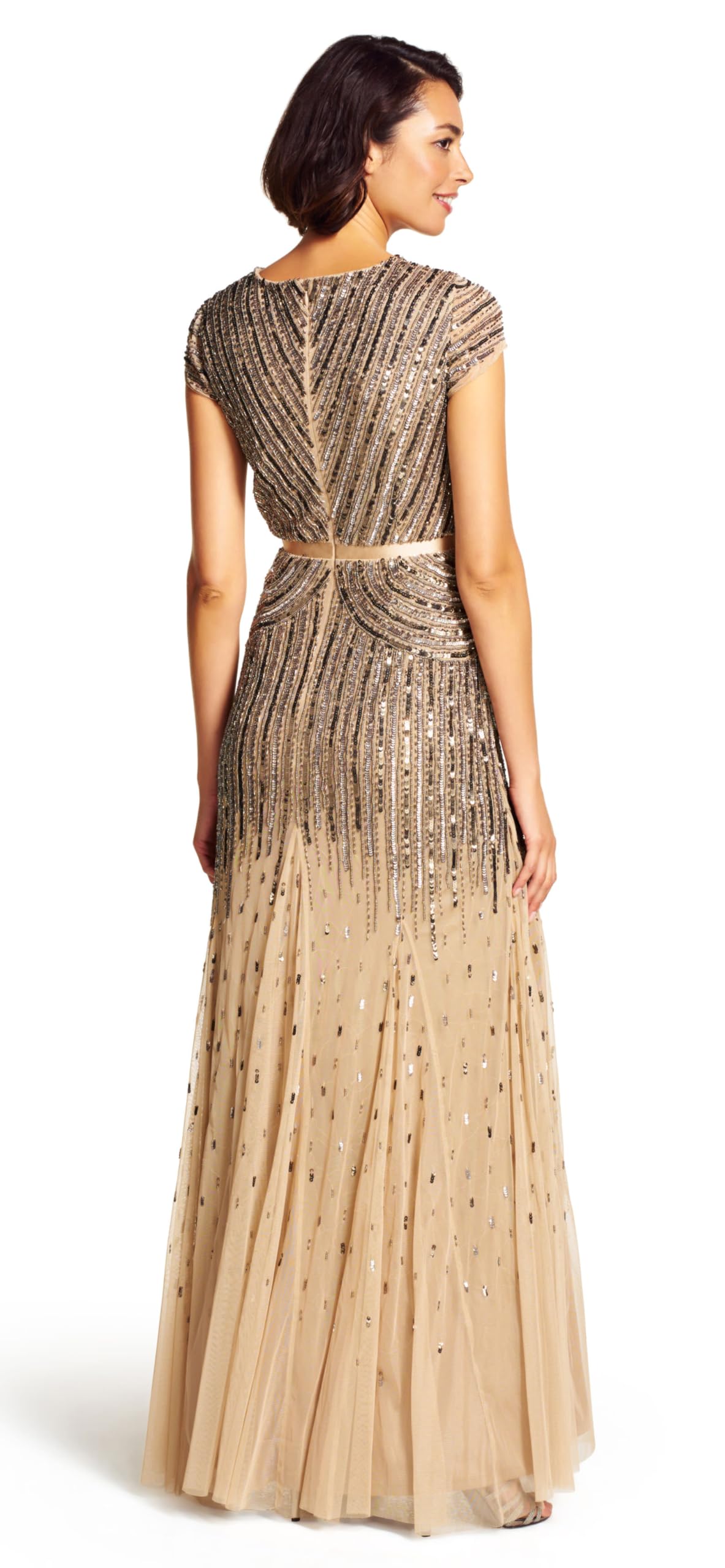 Adrianna Papell Women's Long Beaded V-Neck Evening Dress with Cap Sleeves & Waistband - Elegant Formal Gown for Weddings, Prom, Cocktail Parties & Special Occasions