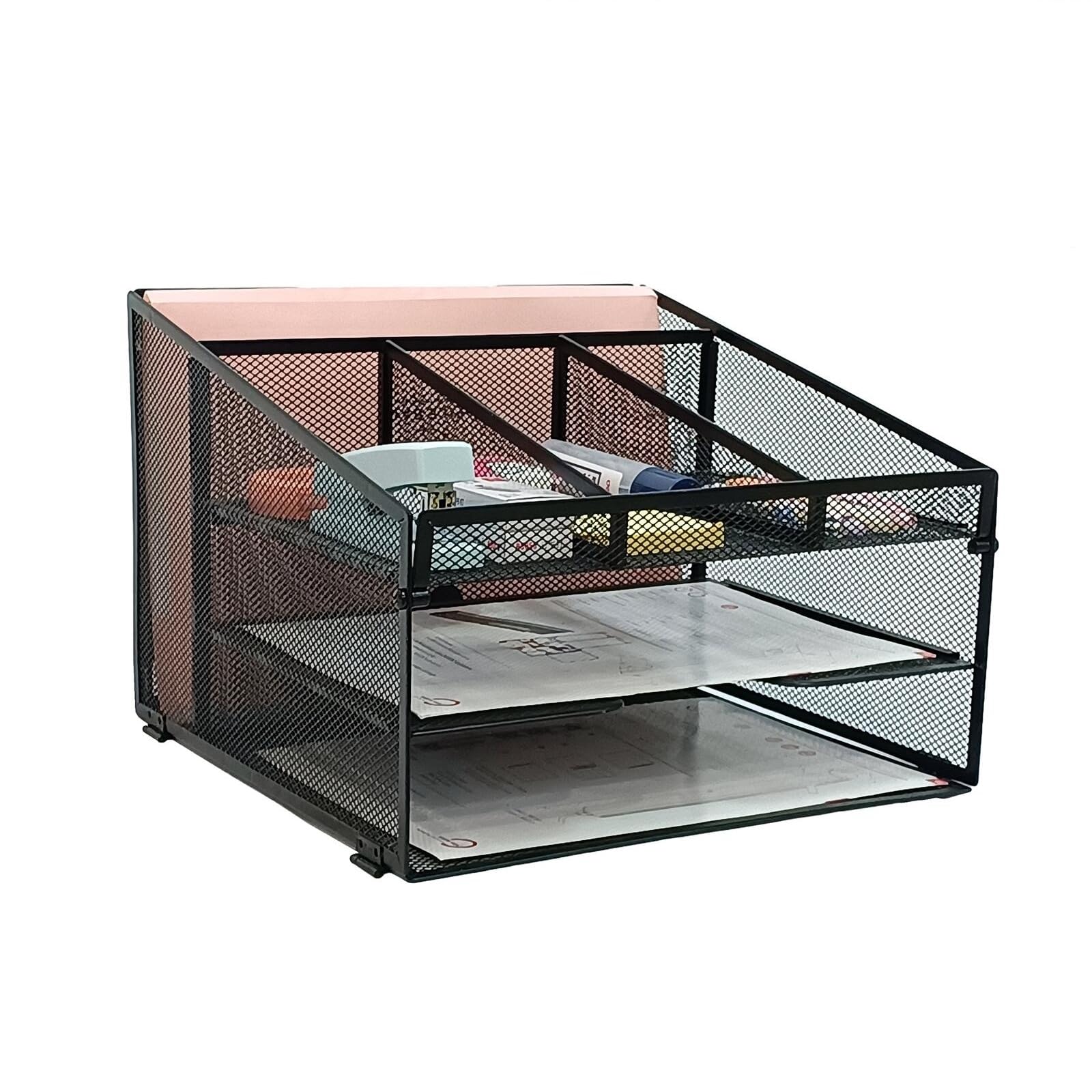SETTFRFE 2-Tier Mesh Desk Organizer with Pen Holder - Vertical File Organizer for Office, Home & School - Black Metal Paper Tray for Documents, Mail & Stationery Storage