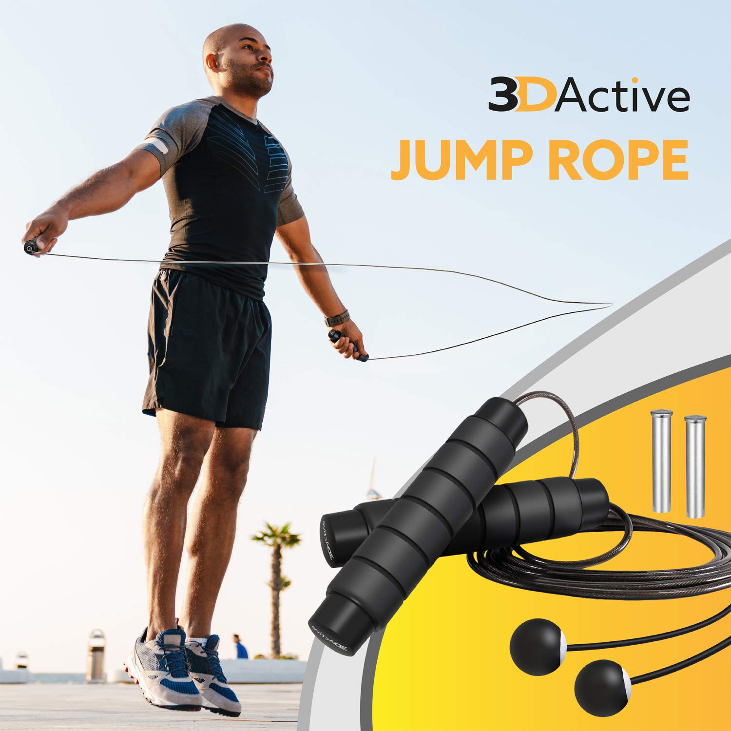 3DActive Adjustable Jump Rope with Ball Bearings - Tangle-Free Skipping Rope for Home Workouts, Cardio Training & Weight Loss | Includes Handle Weights & Carry Bag | Perfect for Gym, Outdoor Exercise & Fitness Enthusiasts