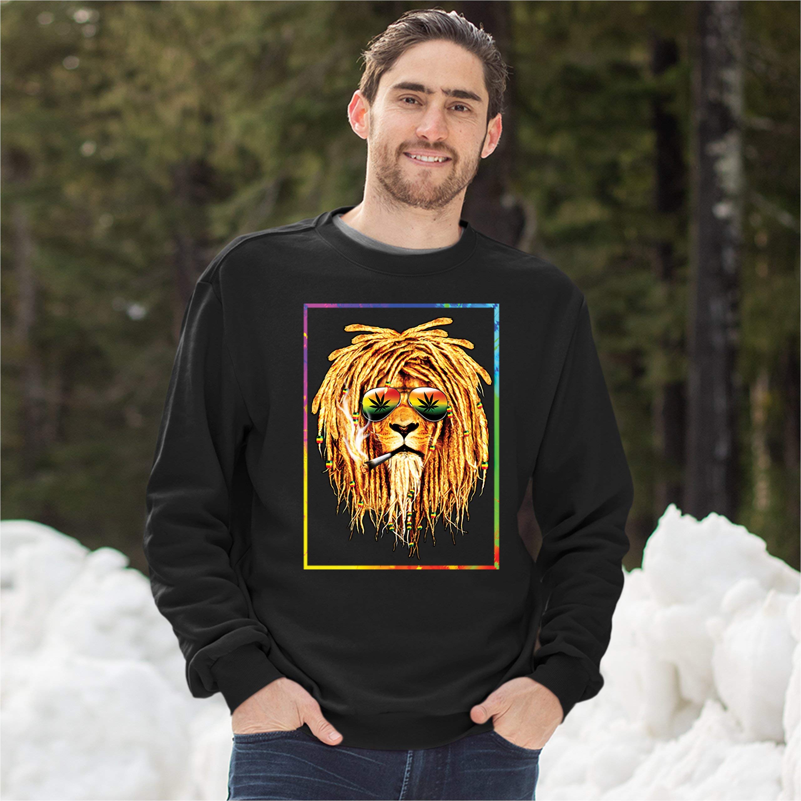 Rasta Lion with Sunglasses 420 Cannabis Sweatshirt - Cool Bob Marley Inspired Crewneck for Stoner, Reggae & Music Festival Outfits
