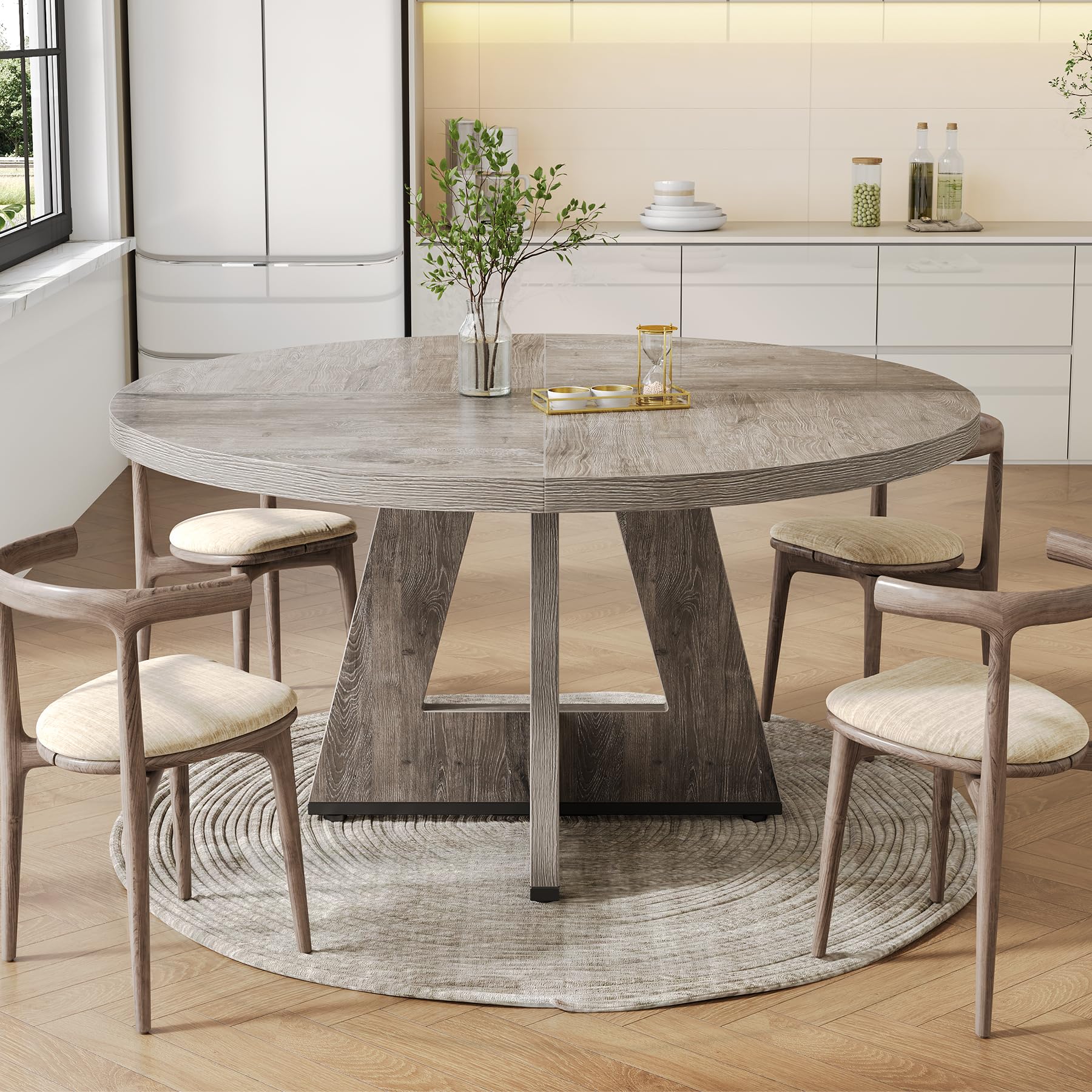 Round Dining Table for 4-6 People, 47 Inch Wooden Pedestal Base Kitchen Table, Grey Circle Dining Room Table - Perfect for Small Spaces, Breakfast Nooks, and Cozy Family Dinners (Table Only)