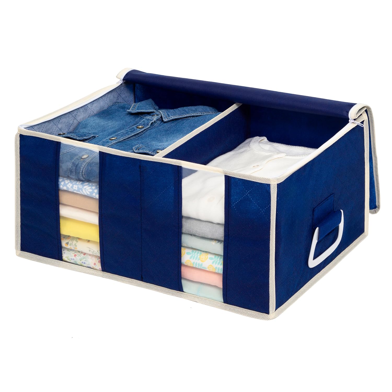 Navy Blue Non-Woven Storage Box with Handle & Partition - Foldable Clothes Organizer for Travel, Home & Closet Organization (192-01)