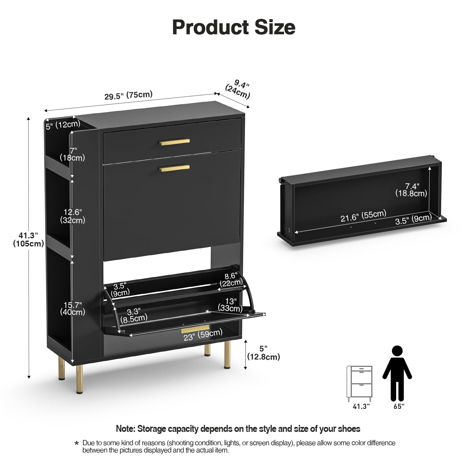 Anmytek Modern Black Shoe Cabinet with 2 Flip Drawers - Freestanding Shoe Storage Organizer for Entryway, Hallway, Bedroom & Closet - Space Saving Narrow Shoe Rack with Storage Drawers for Shoes, Boots & Accessories