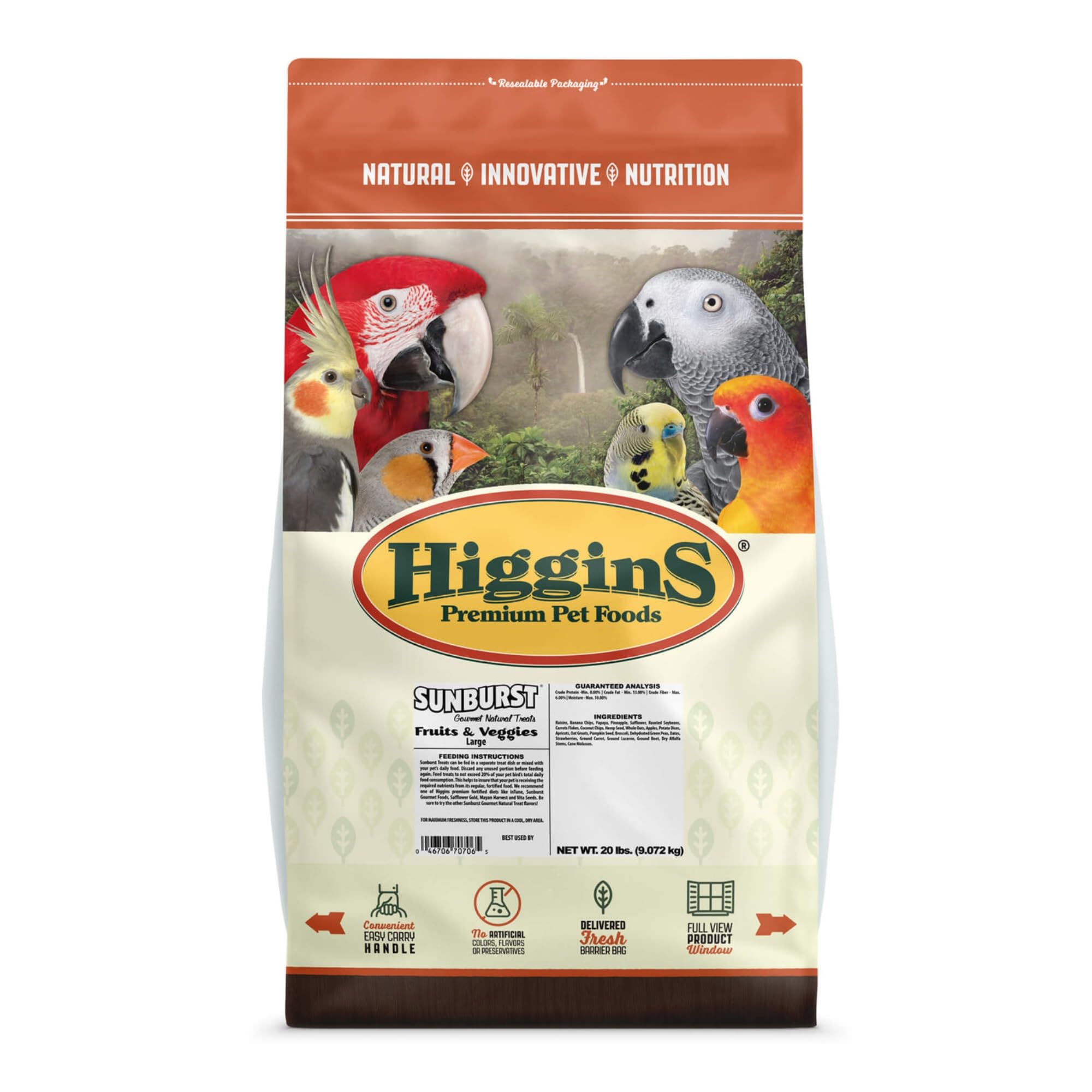 Premium Higgins Sunburst Fruit & Veggie Blend for Large Hookbill Birds - 20 lb Bag | Nutritious Parrot & Cockatoo Food for Daily Feeding & Training Rewards