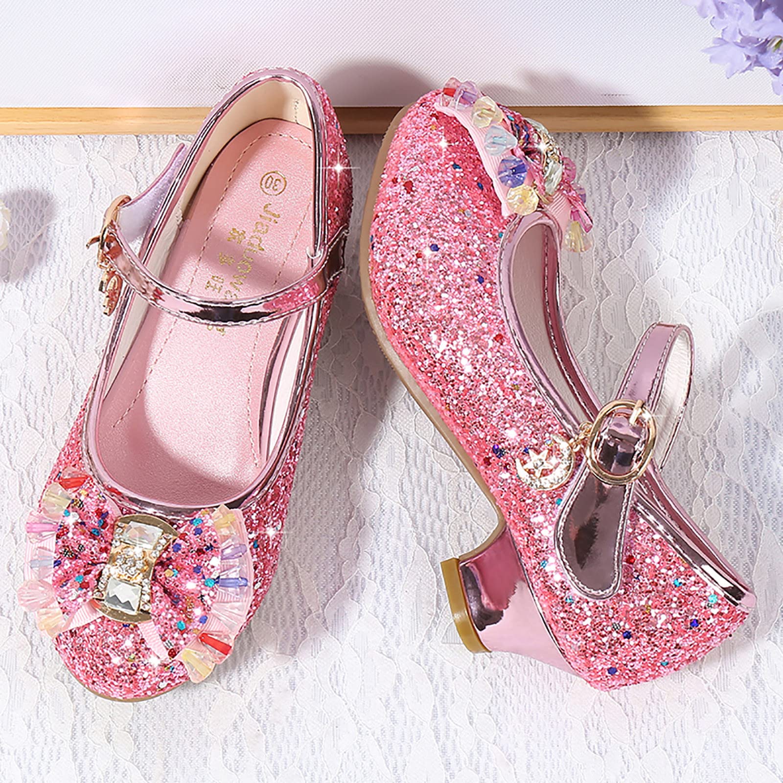 Sparkly Rhinestone Bow Ballet Flats for Girls - Princess Dance Shoes with Pearls & Crystals - Comfortable Kids Sandals for Ballet, Parties & Special Occasions (Pink, Size 5.5 Years)