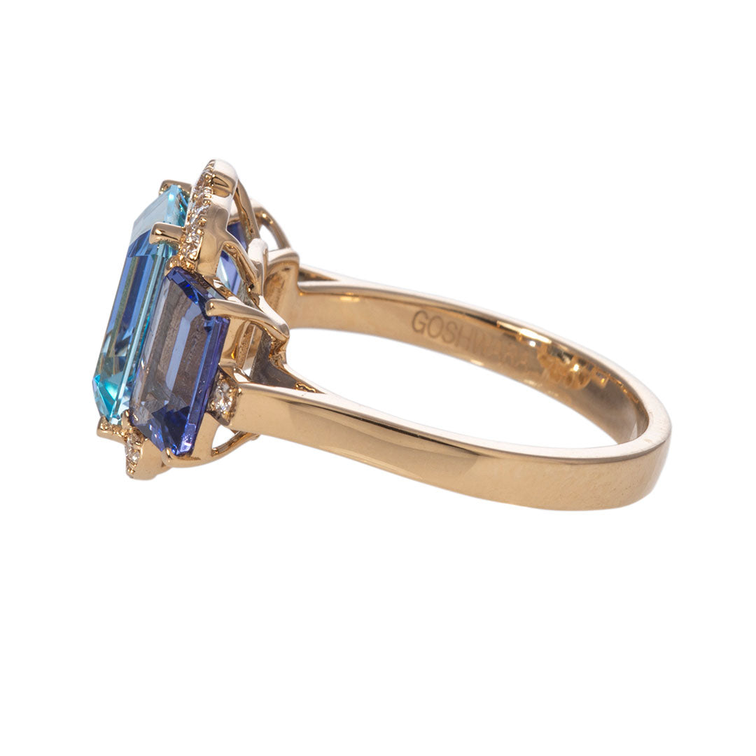 Goshwara 3 Stone Blue Topaz & Tanzanite 18K Gold Ring for Women | Elegant Birthstone Jewelry Gift for Anniversary, Engagement & Special Occasions