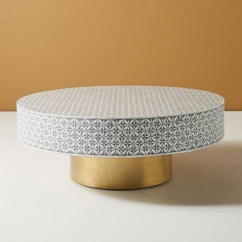 Handmade Bone Inlay Geometric Design Round Coffee Table with Brass Base - Grey Modern Boho Accent Table for Living Room, Lounge & Office Decor