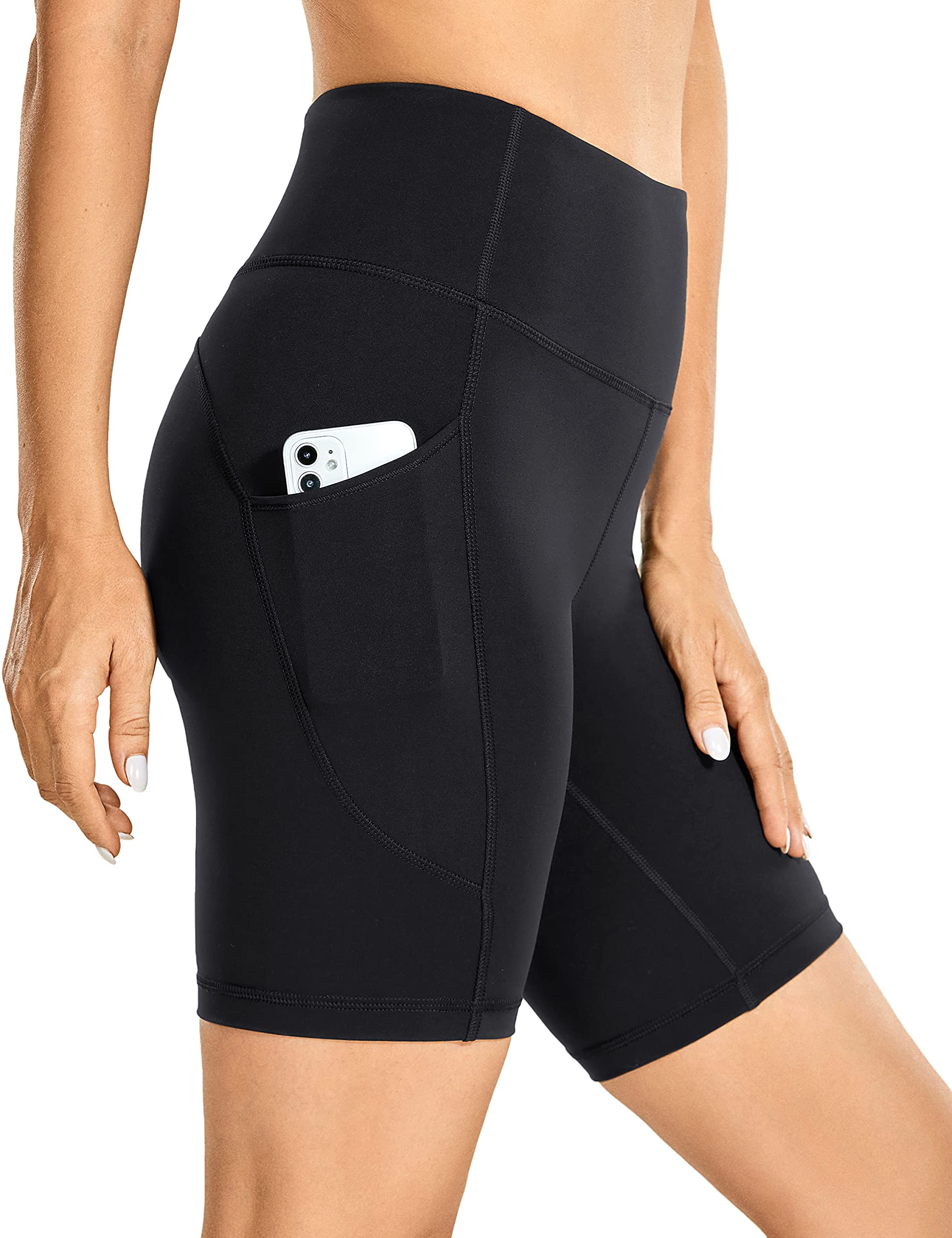 CRZ YOGA Women's High Waist Workout Shorts 6'' / 8'' - Brushed Naked Feeling Biker Shorts with Side Pockets for Yoga, Gym & Running | Matte Spandex Athletic Shorts