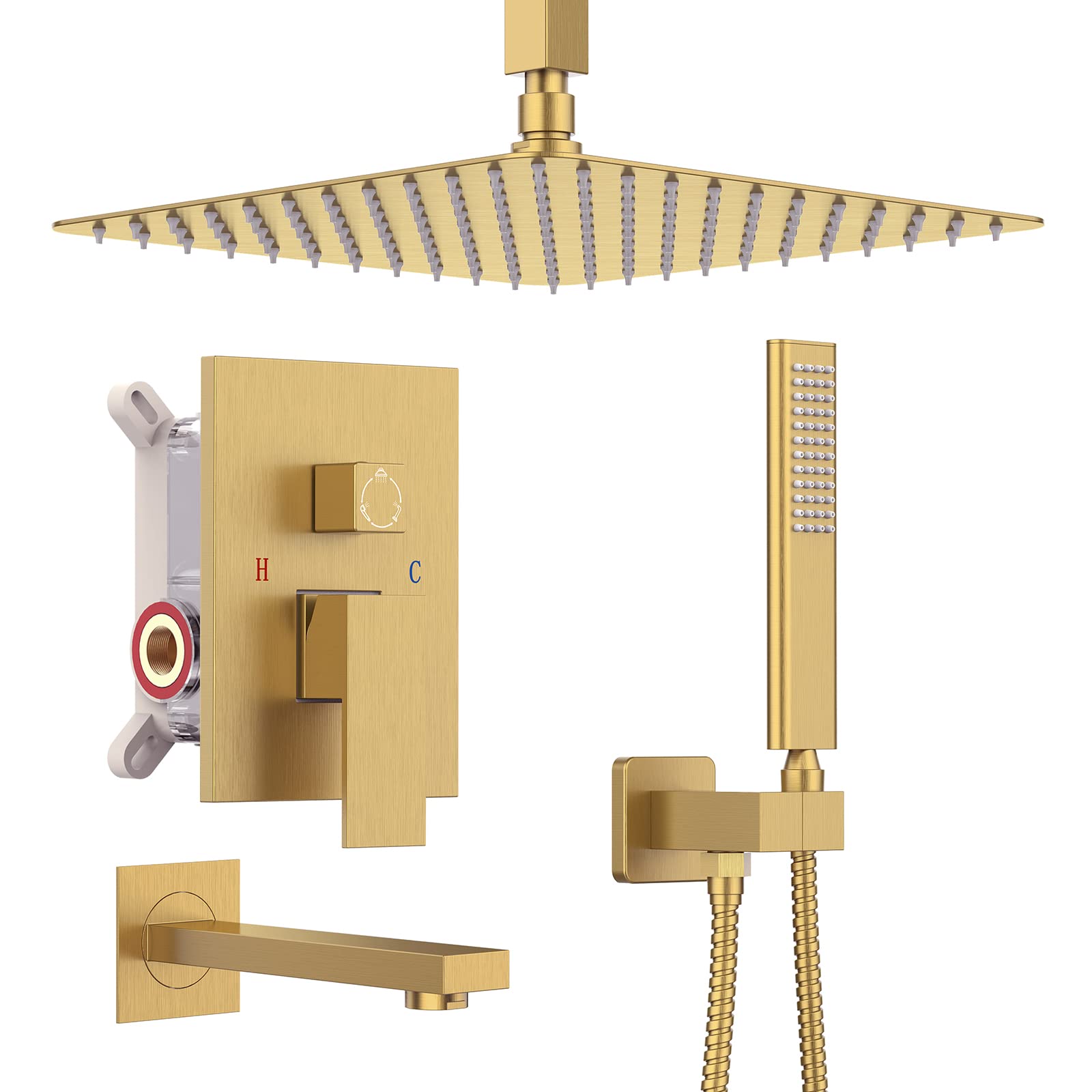 Brushed Gold Rain Shower System with Waterfall Tub Spout - 3 Function Shower Faucet Set Includes 12 Inch Shower Head & Handheld - Brushed Brass Shower Trim Kit (Valve Included) - Perfect for Modern Bathroom & Spa Experience