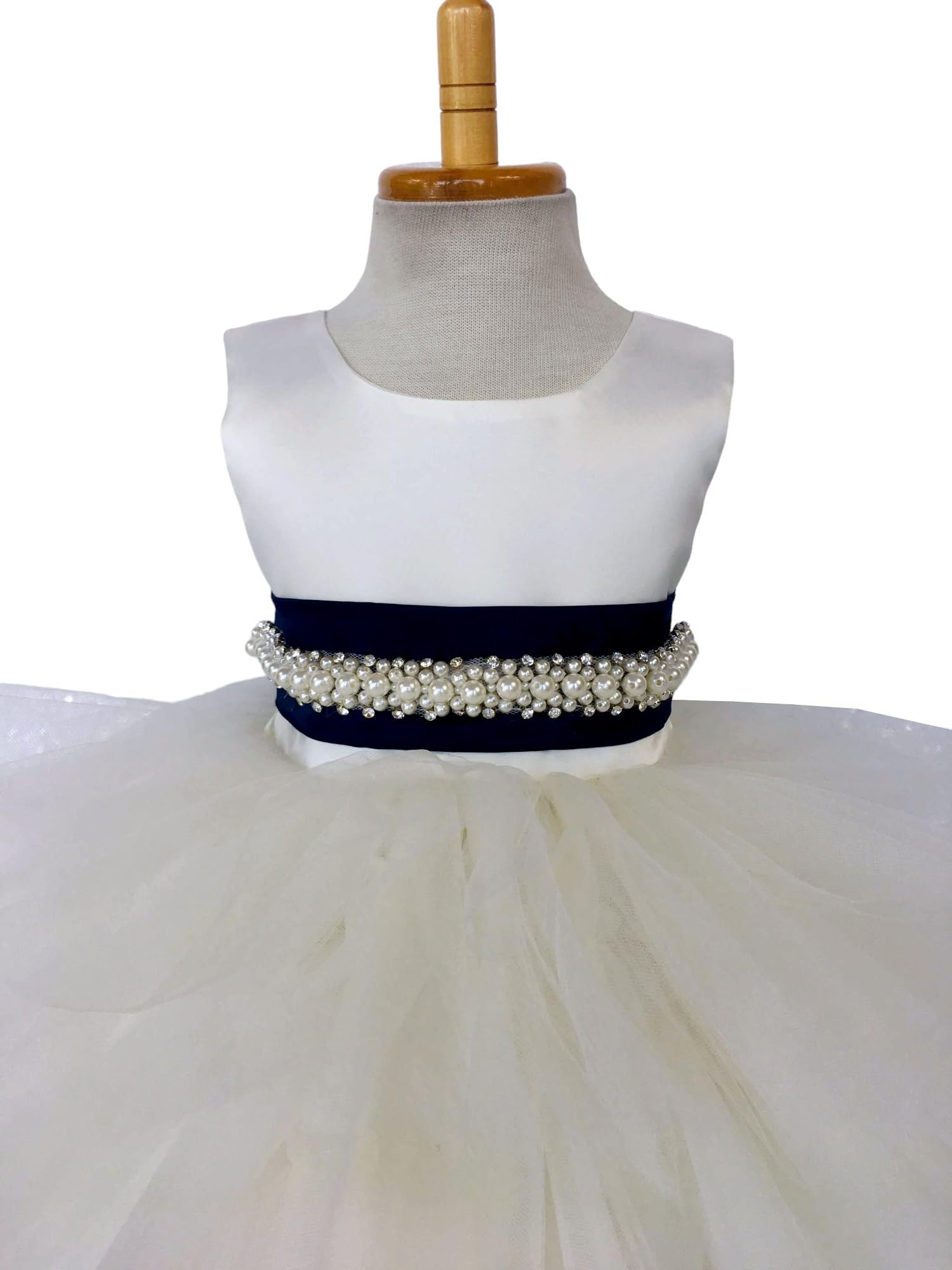 Ivory Sleeveless High-Low Tulle Flower Girl Dress with Ruffle Trim - Perfect for Weddings, Birthday Parties & Special Occasions (Size 16, Includes Navy Blue Accessories)