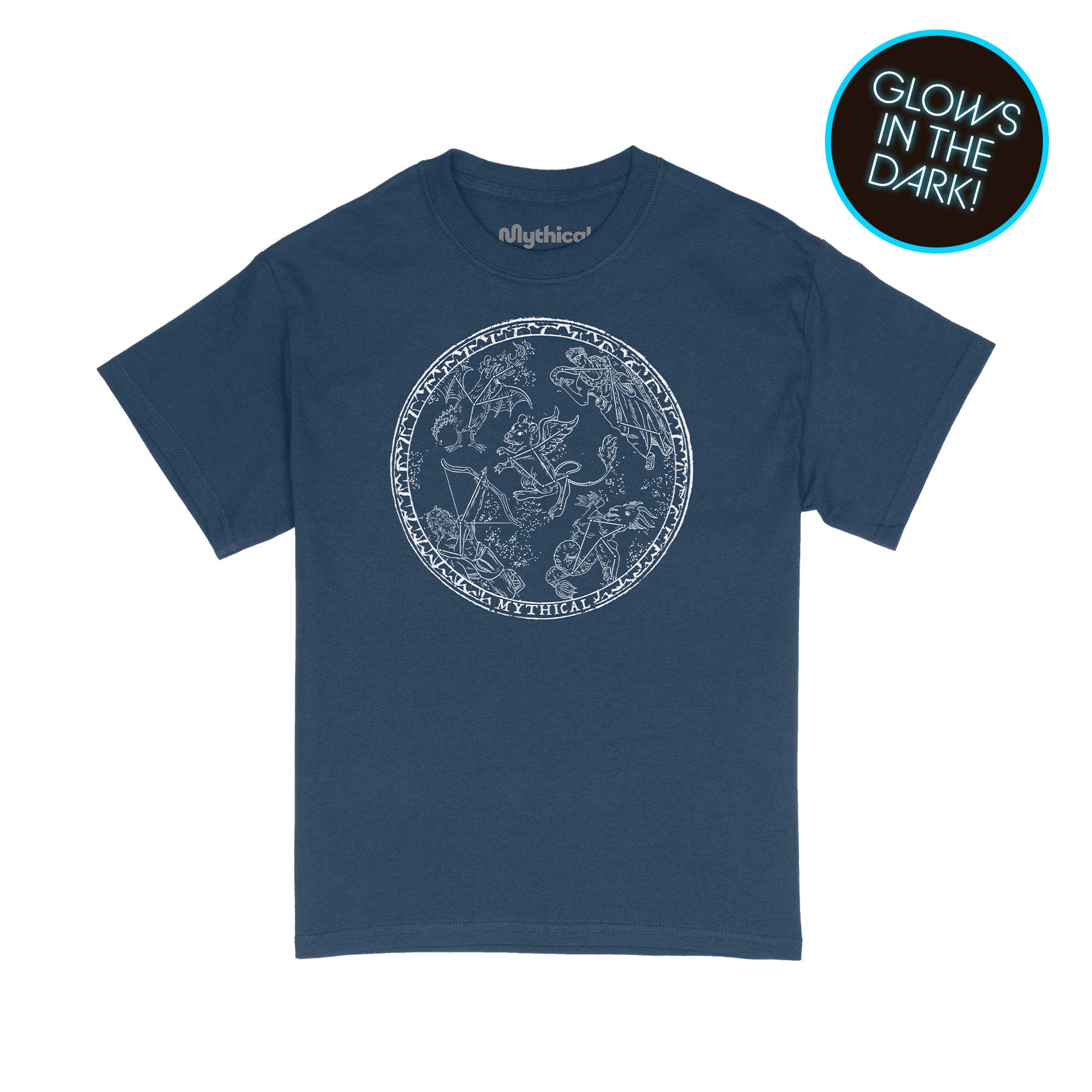 Mythical Constellations Glow in the Dark T-Shirt for Men & Women - Navy Blue Graphic Tee for Stargazing, Nighttime Adventures & Unique Gifts