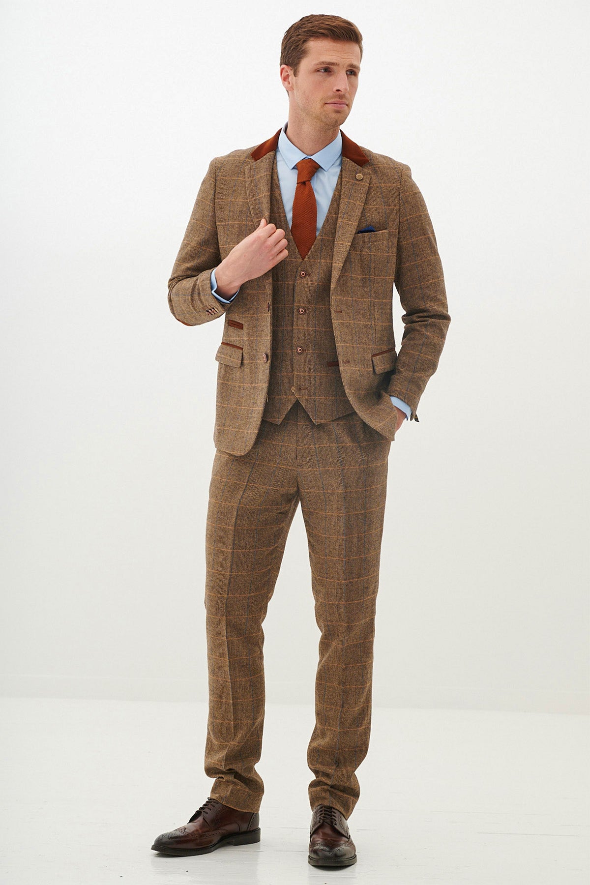 DX7 Tan Tweed Check Three Piece Suit for Men - Classic Vintage Style Formal Wear for Weddings, Business Meetings & Special Occasions