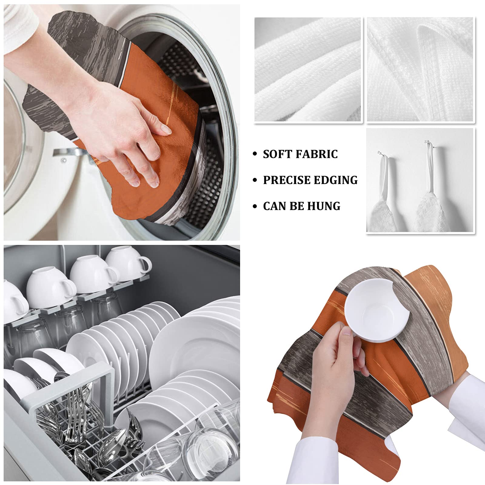 Farmhouse Rustic Kitchen Towels Set of 2 - 16x28 Inch Soft Cotton Dish Cloths, Tea Towels & Hand Towels in Burnt Orange & Grey - Perfect for Farmhouse Decor, Dish Drying & Bar Use
