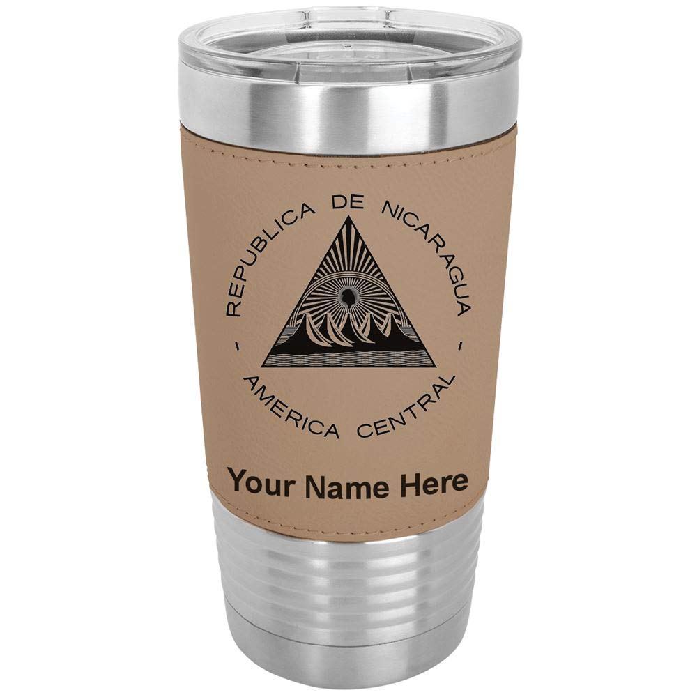 LaserGram 20oz Vacuum Insulated Stainless Steel Tumbler Mug with Nicaragua Flag Design - Personalized Engraving, Faux Leather Base (Light Brown) - Perfect for Coffee, Tea & Cold Drinks at Home, Office or Travel