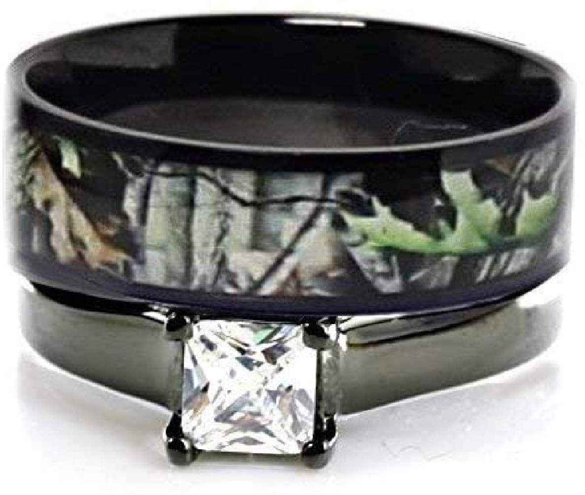 2-Piece Camo Wedding Rings Set for Couples - Solitaire Stainless Steel Engagement & Bridal Ring with CZ Stones - Black Camo Design for Outdoor Weddings, Proposals & Anniversary Gifts
