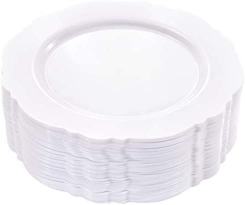 60-Pack White Plastic Plates & 180-Pack Rose Gold Plastic Cutlery Set - Disposable Dinnerware for Parties, Picnics, Weddings & Events