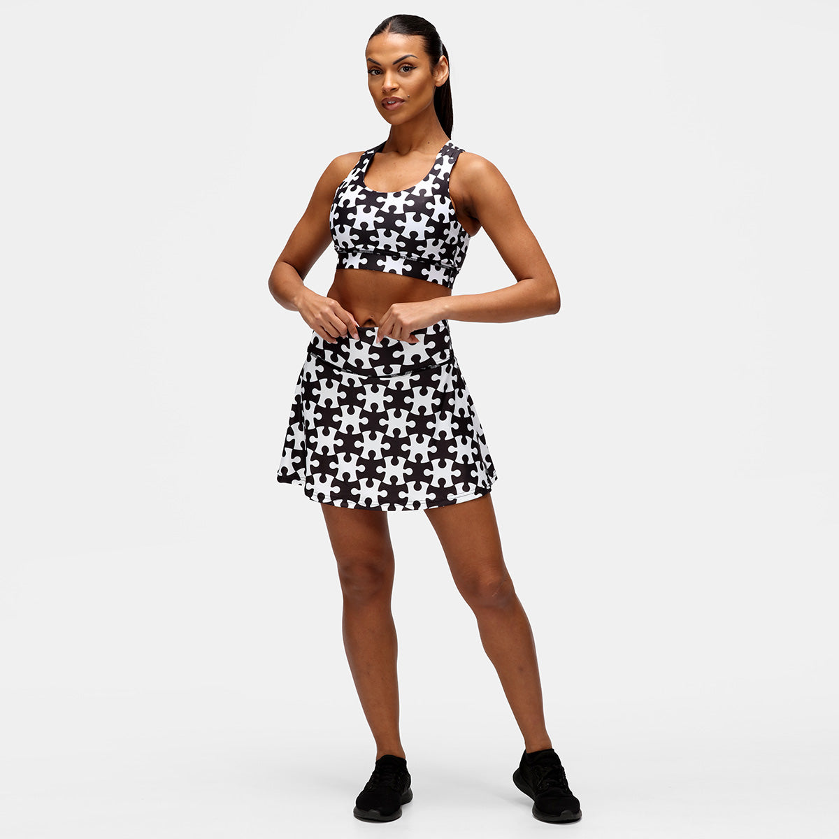 Black and White Jigsaw Skort - Stylish High Waist Tennis Skirt with Shorts for Women | Perfect for Tennis, Golf, Yoga & Casual Wear