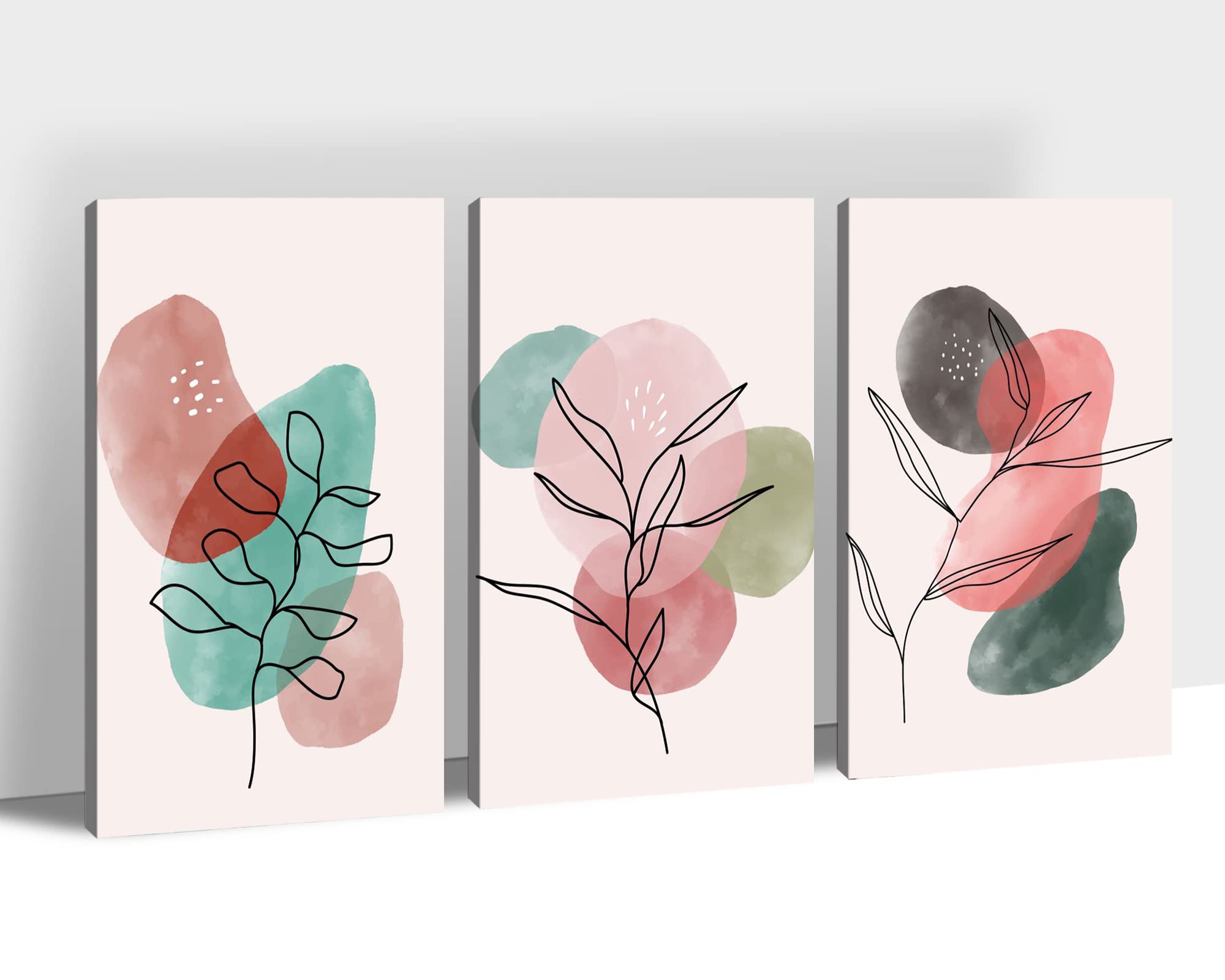 3 Pieces Boho Wall Decor Set - Bohemian Canvas Art Prints, Mid-Century Modern Abstract Minimalist Wall Art with Geometric Plant Drawings, Framed Home Decor for Living Room, Bedroom & Office (20”x30”x3Pcs) - Perfect for Bohemian Style Interiors, Housewarming Gifts & Apartment Decorating