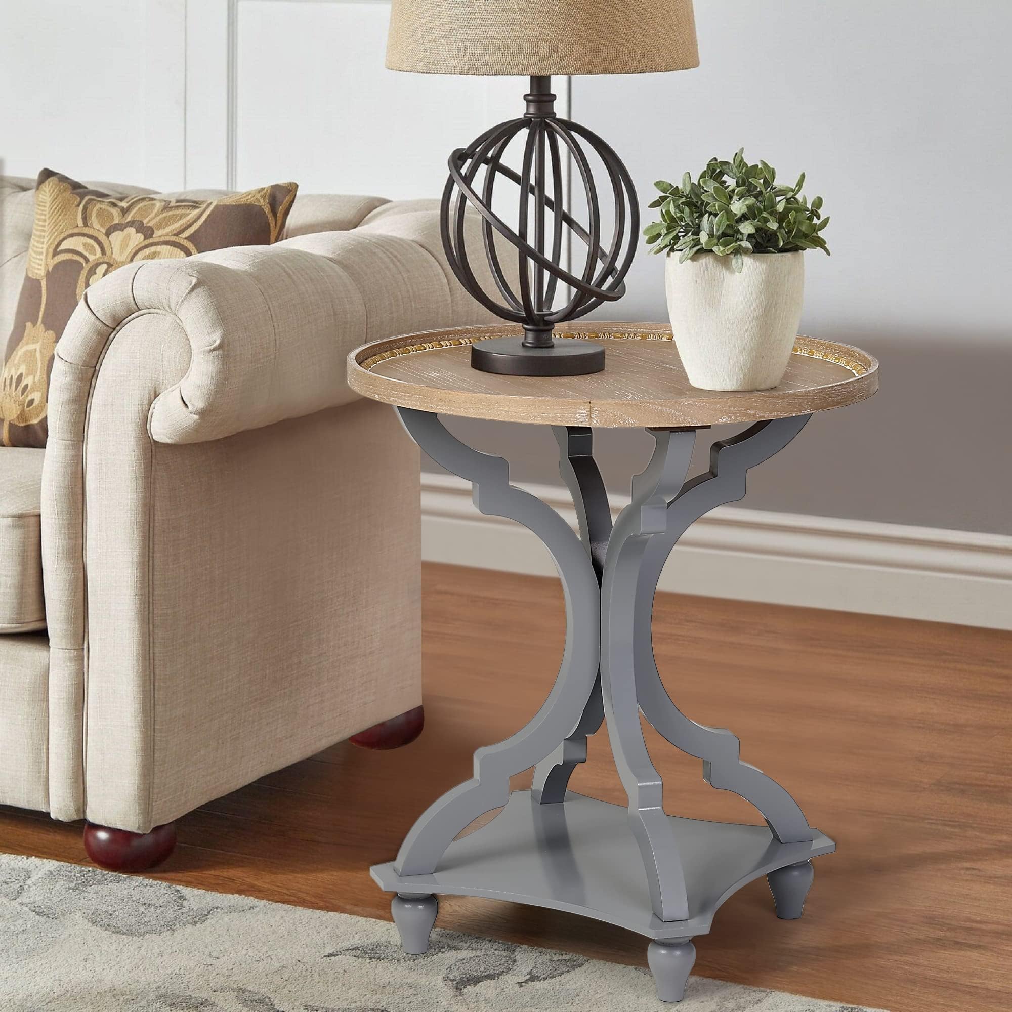 Wnutrees Farmhouse Round Accent End Table - Set of 2 Rustic Wood Side Tables with Tray Top for Living Room, Bedroom & Office - Handcrafted Grey Nightstands for Home Decor