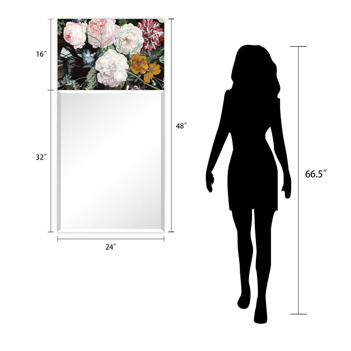 Bouquet Rectangular Beveled Mirror - Free Floating Printed Tempered Art Glass - 24 x 48 Inches - Clear Wall Mirror for Living Room, Bedroom, or Entryway Decor