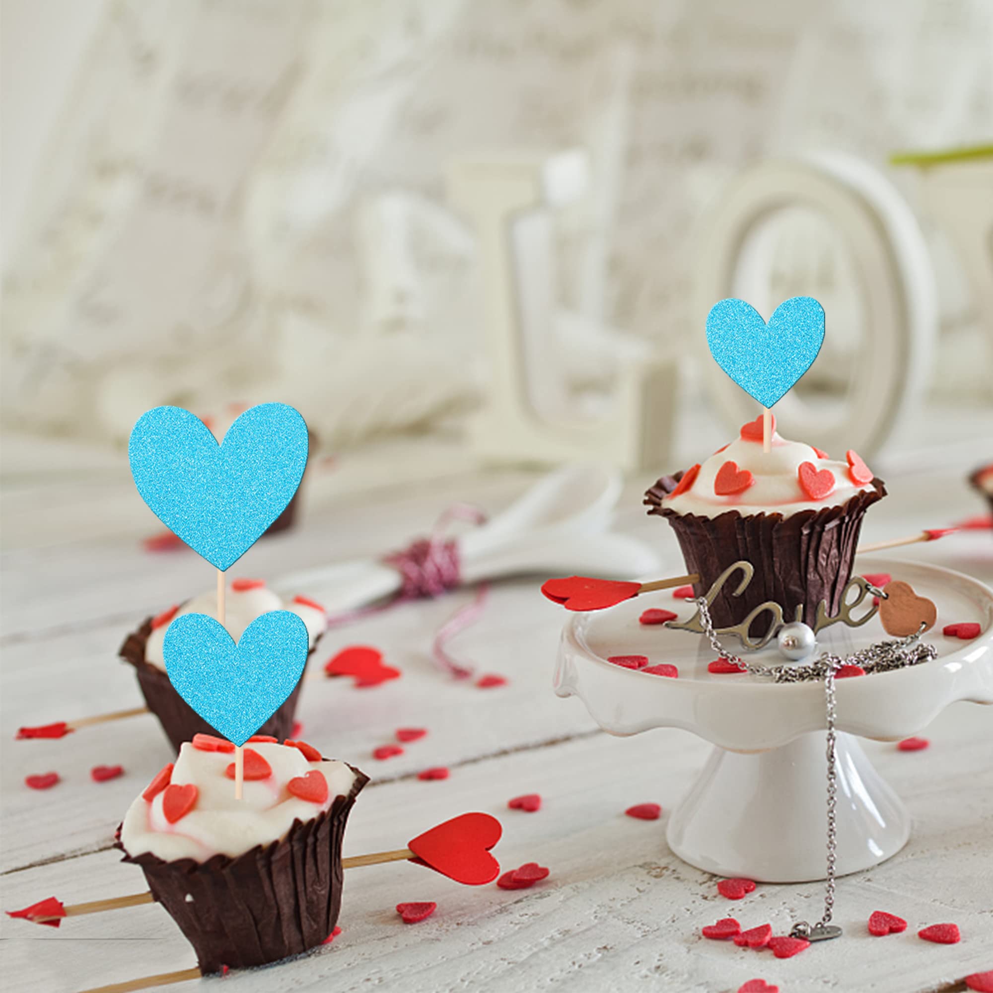 Rsstarxi 30 Pack Blue Glitter Heart Cupcake Toppers - Premium Food Picks for Baby Showers, Weddings, Bridal Showers, Birthday Parties & Valentine's Day - Perfect for Cake Decorations, Dessert Displays & Party Food Presentation