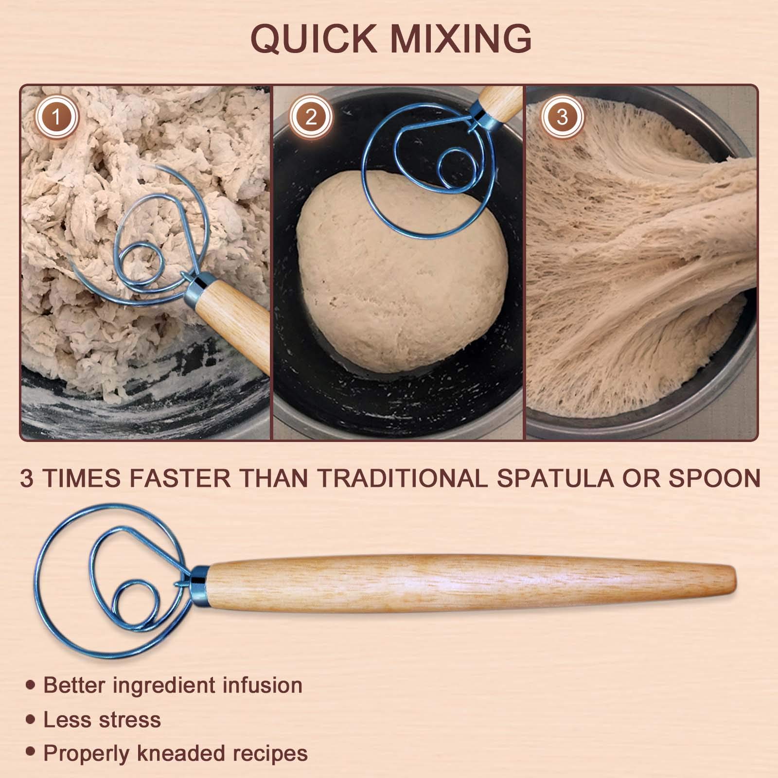 Premium Danish Dough Whisk - 13 Inch Stainless Steel Baking Tool with Wooden Handle for Cake, Pastry & Pizza Dough - Perfect for Home Bakers & Professional Kitchens
