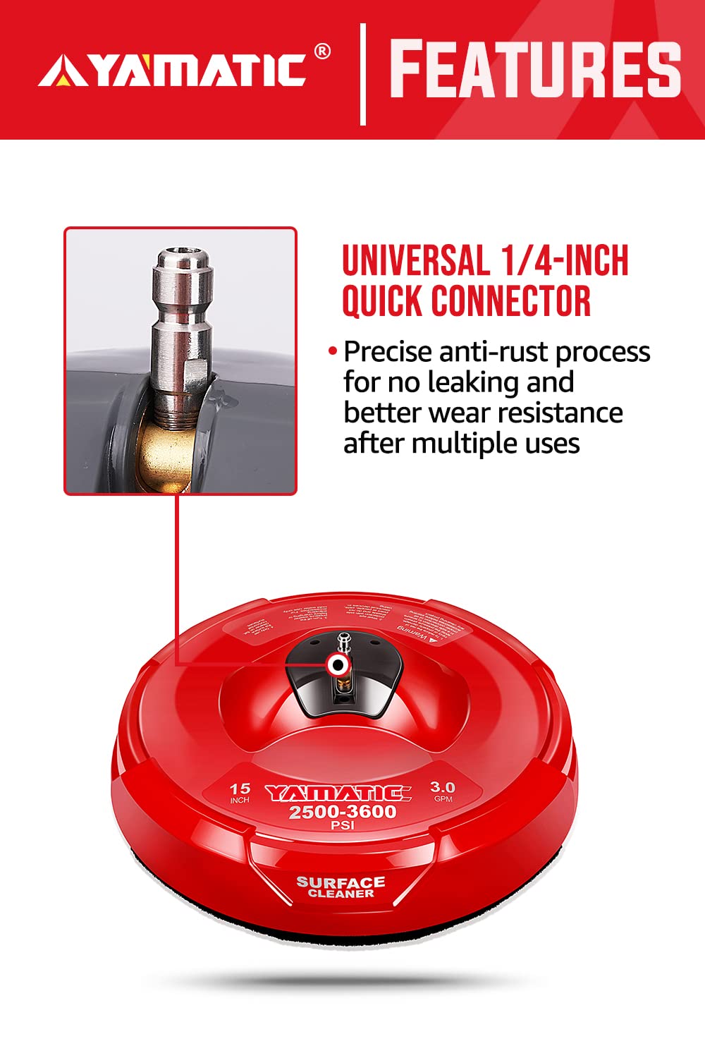 YAMATIC 15 Inch 3600PSI Pressure Washer Surface Cleaner with 2 Extension Wands - Professional Power Washer Attachment for Driveway, Deck, Patio & Concrete Cleaning (Red, 15